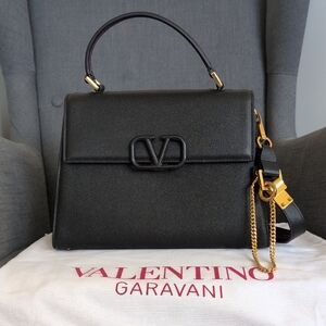 Valentino Garavani Black Leather Top-Handle Satchel with Gold Hardware